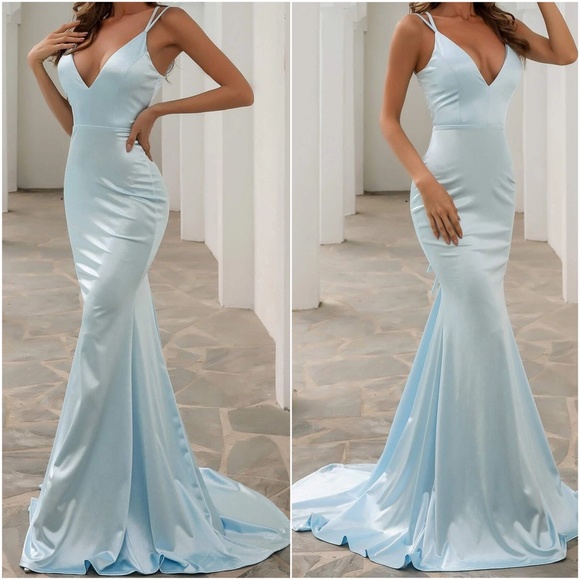 Luxe Satin Sexy Evening Prom Wedding Formal Prom Dress - Picture 9 of 9